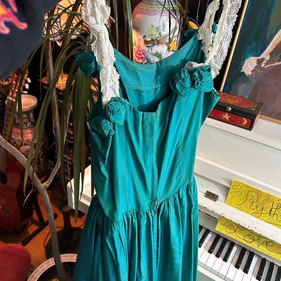 Vintage 50s 60s Stunning Teal iridescent Prom Dress Ball Gown Cocktail XS - Picture 12 of 16
